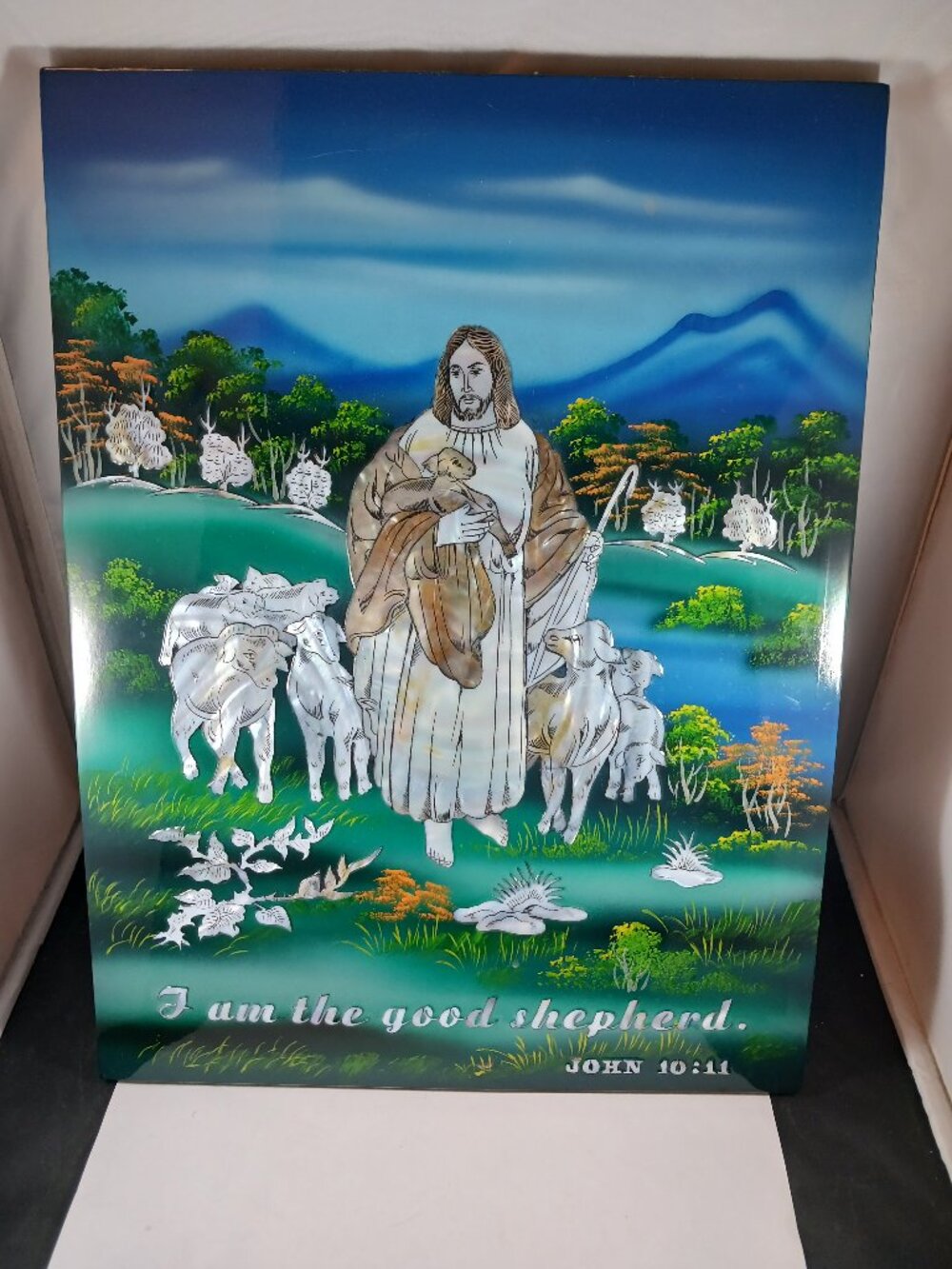 Vintage JESUS The Good Shepherd Plaque Handmade 15.5in x 12in